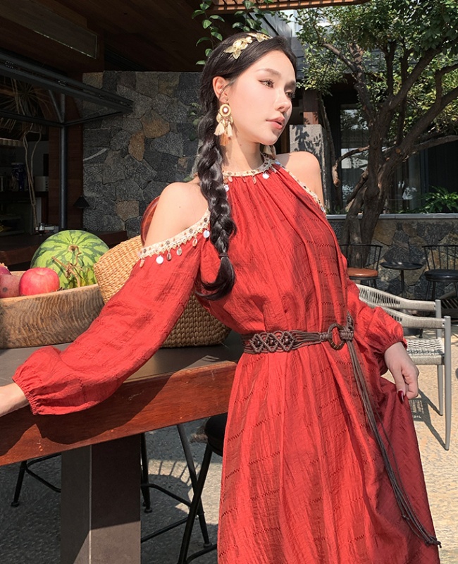 Bohemian style lace long dress red shell dress