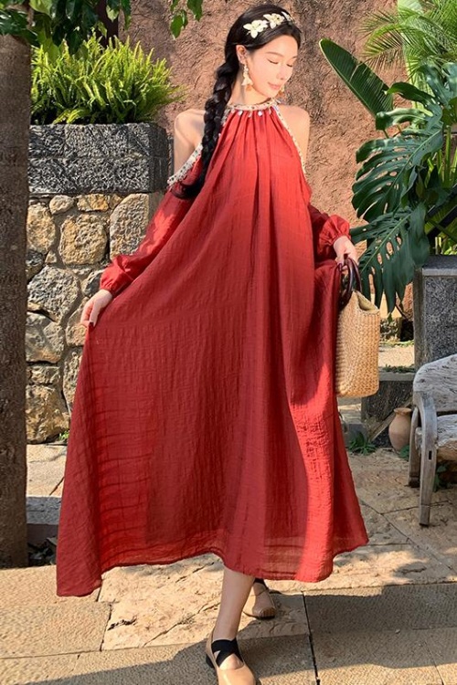 Bohemian style lace long dress red shell dress