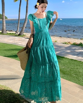 Embroidery hollow long dress boats sleeve big skirt dress