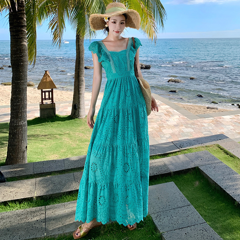 Embroidery hollow long dress boats sleeve big skirt dress