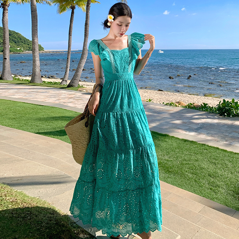 Embroidery hollow long dress boats sleeve big skirt dress