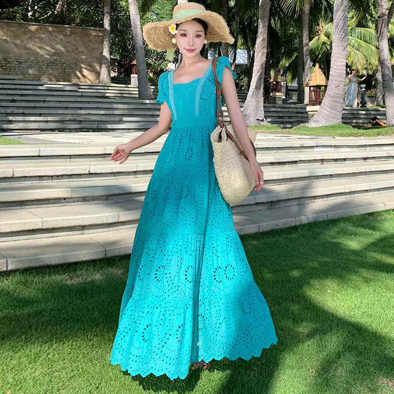 Embroidery hollow long dress boats sleeve big skirt dress