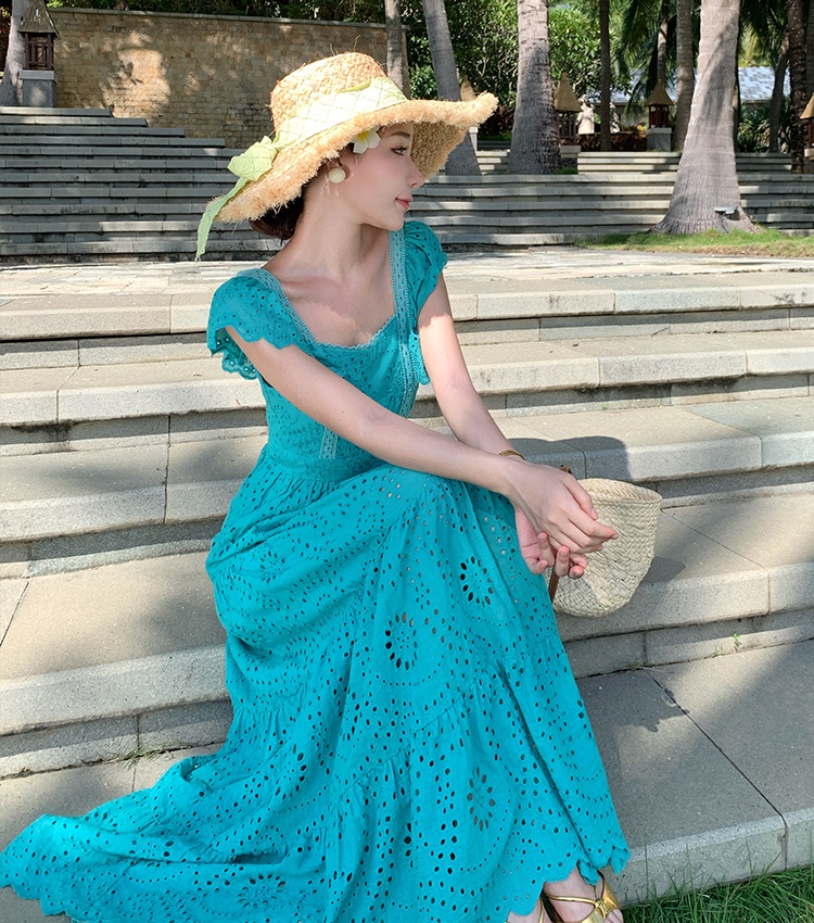 Embroidery hollow long dress boats sleeve big skirt dress