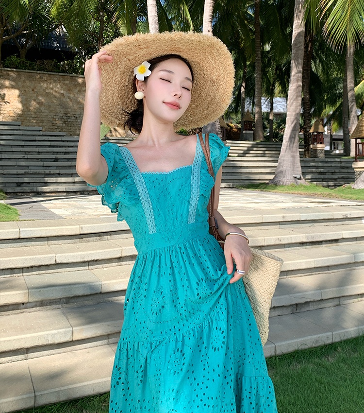 Embroidery hollow long dress boats sleeve big skirt dress