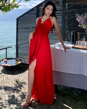 Bohemian style sling summer dress red halter long dress