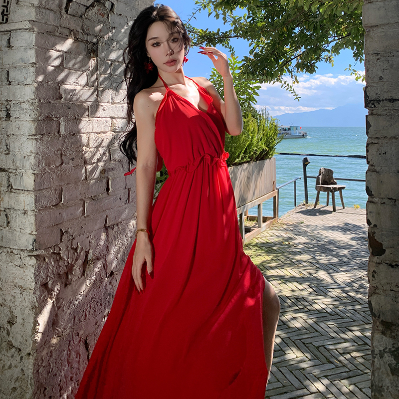 Bohemian style sling summer dress red halter long dress