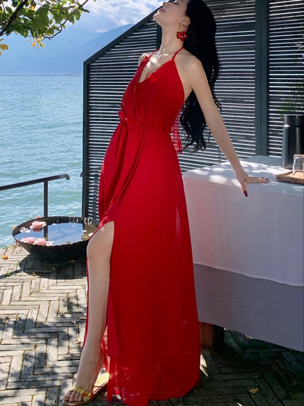 Bohemian style sling summer dress red halter long dress