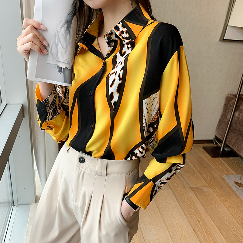 Leopard tops long sleeve chiffon shirt for women