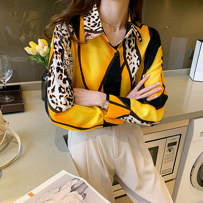 Leopard tops long sleeve chiffon shirt for women