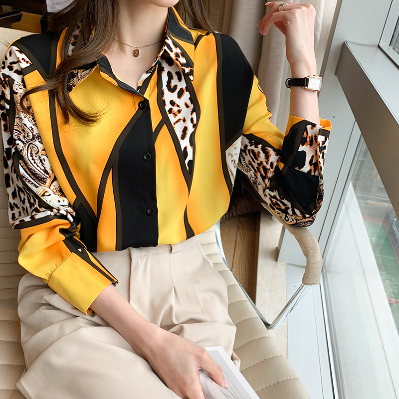 Leopard tops long sleeve chiffon shirt for women