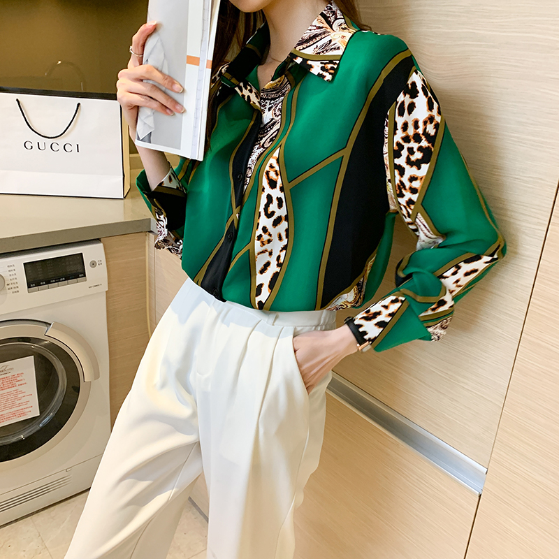 Leopard tops long sleeve chiffon shirt for women