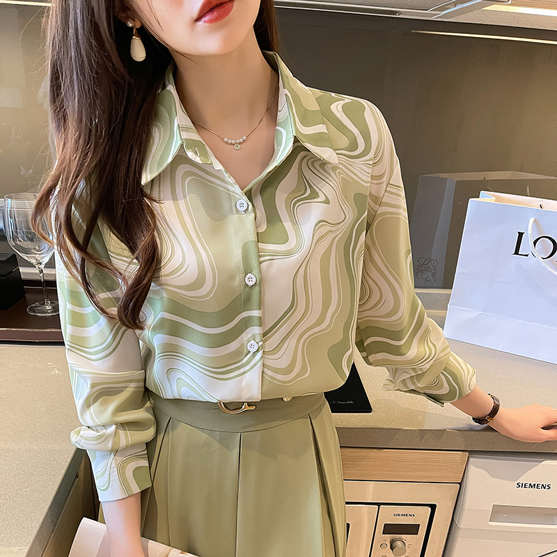 Light green long sleeve stripe France style shirt for women