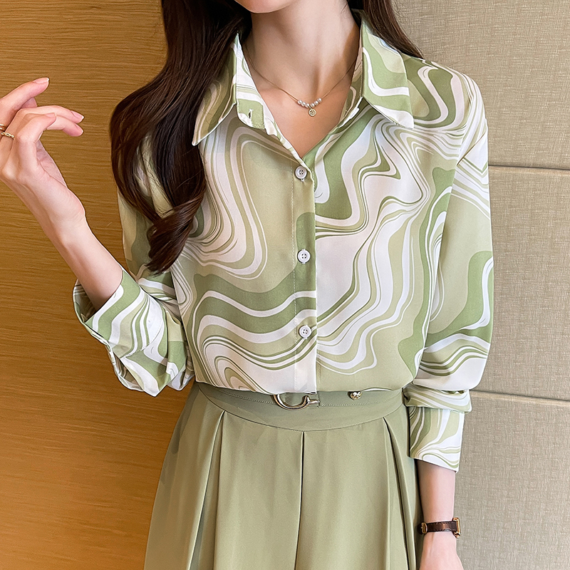 Light green long sleeve stripe France style shirt for women