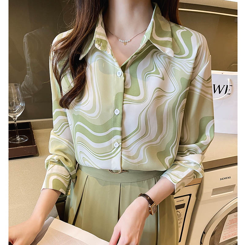 Light green long sleeve stripe France style shirt for women