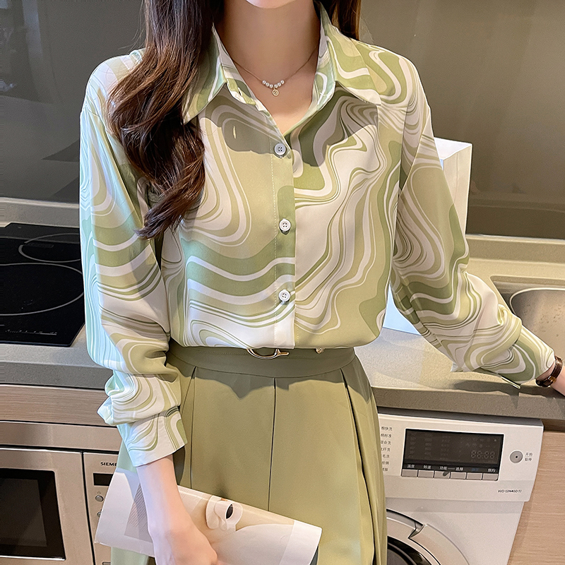 Light green long sleeve stripe France style shirt for women