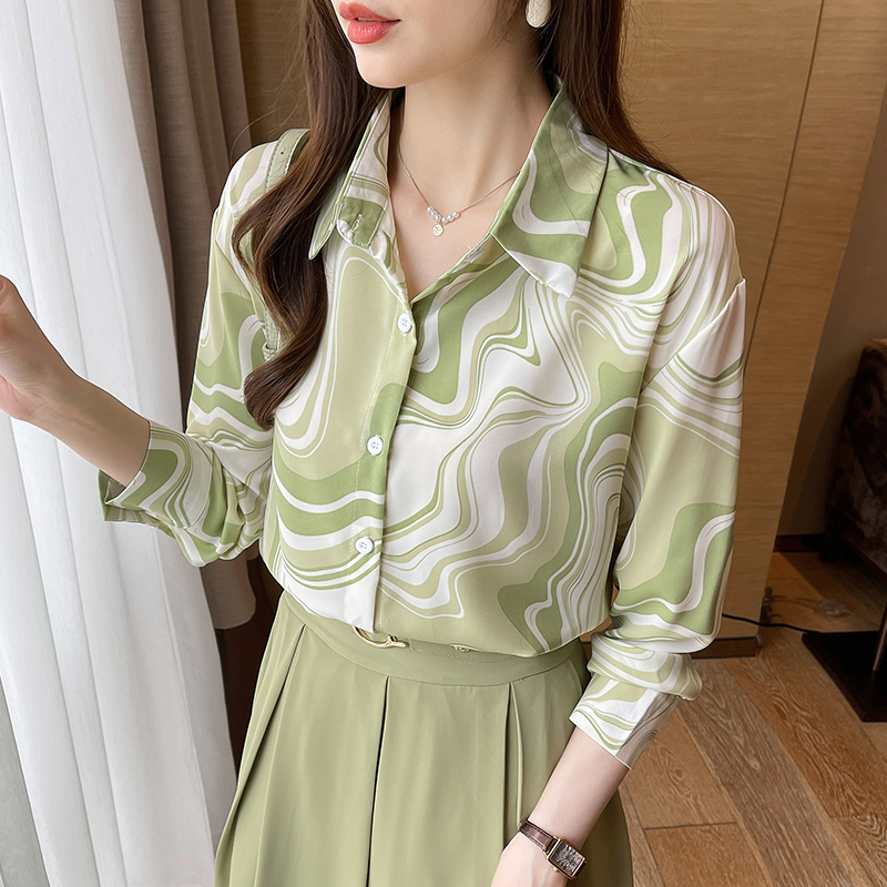 Light green long sleeve stripe France style shirt for women