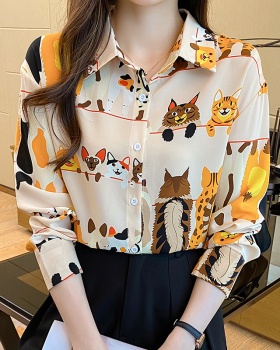 Lapel loose tops temperament printing chiffon shirt