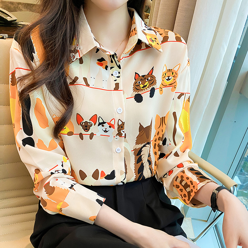 Lapel loose tops temperament printing chiffon shirt