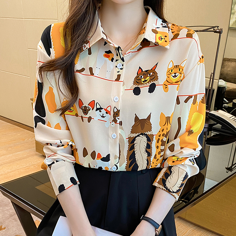 Lapel loose tops temperament printing chiffon shirt