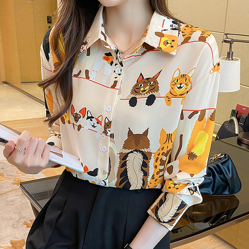 Lapel loose tops temperament printing chiffon shirt