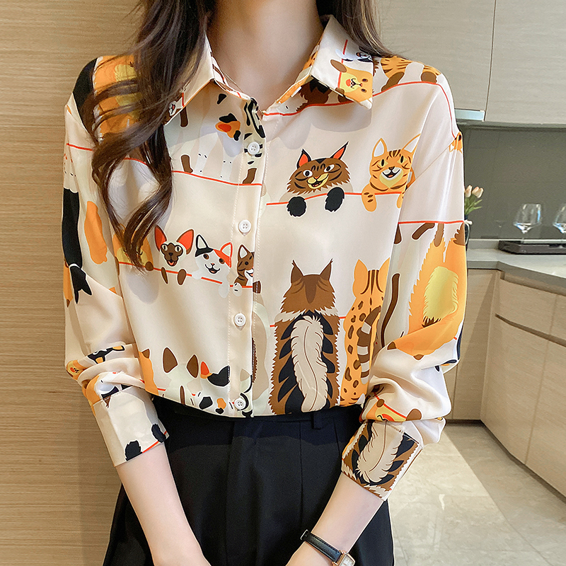 Lapel loose tops temperament printing chiffon shirt