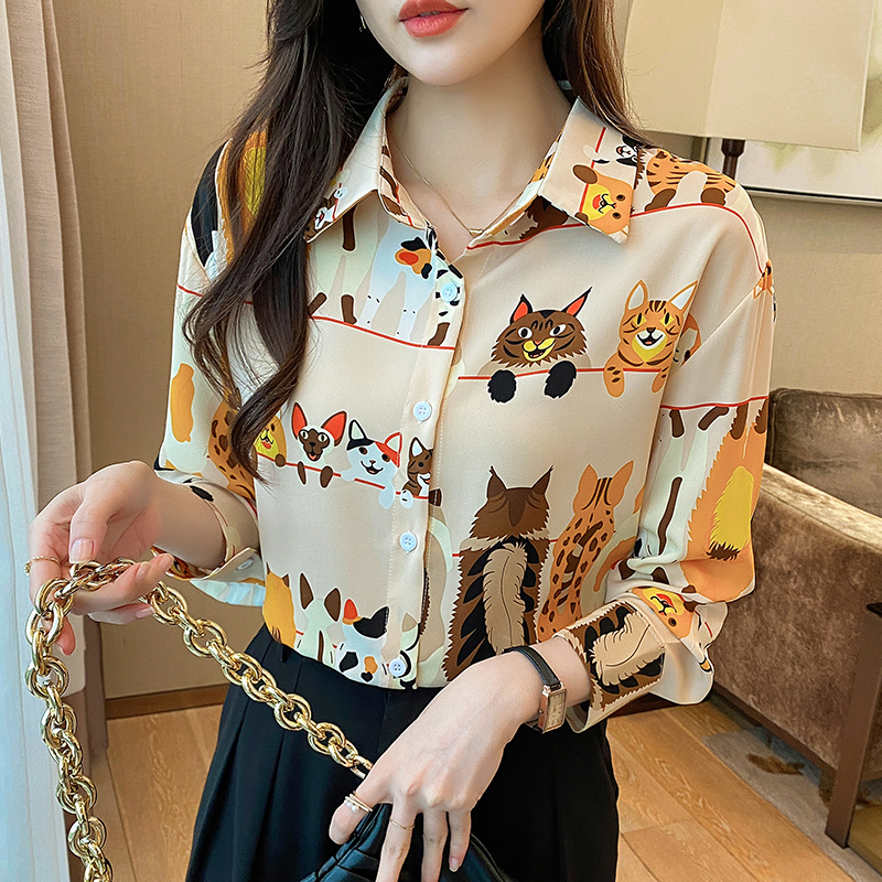 Lapel loose tops temperament printing chiffon shirt