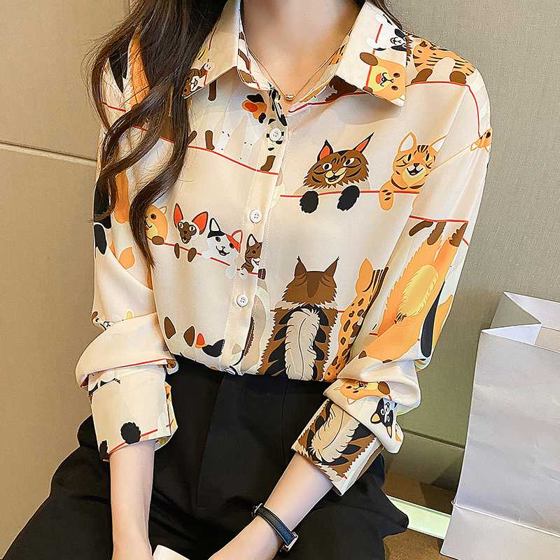 Lapel loose tops temperament printing chiffon shirt