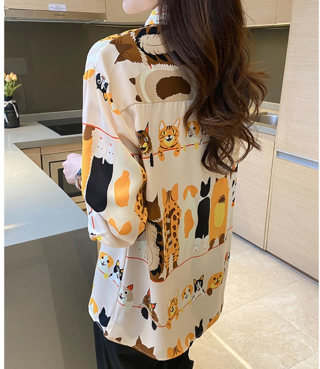 Lapel loose tops temperament printing chiffon shirt