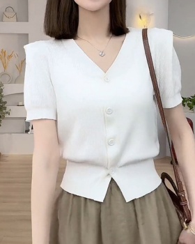 Short V-neck short sleeve tops summer knitted T-shirt