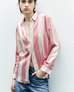 Stripe spring satin tops real silk silk shirt for women