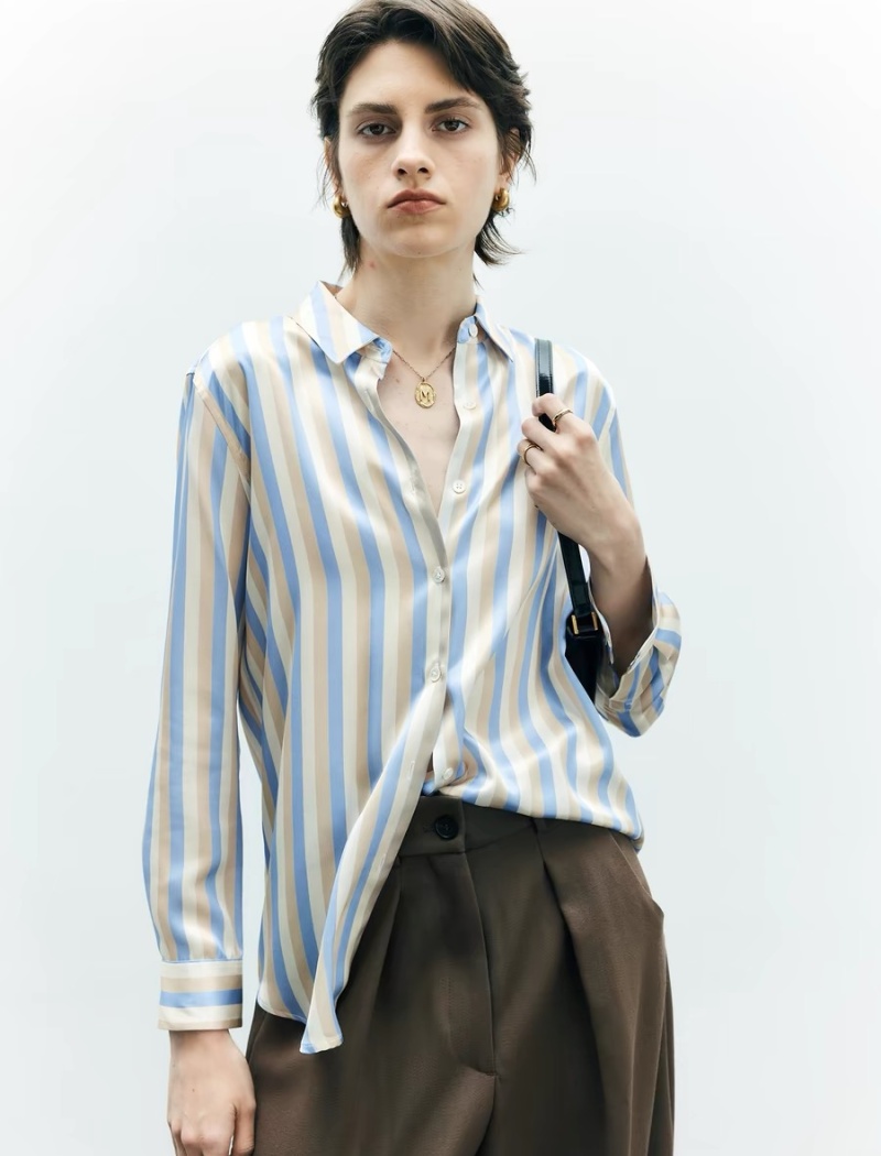 Stripe spring satin tops real silk silk shirt for women