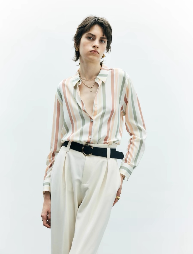 Stripe spring satin tops real silk silk shirt for women