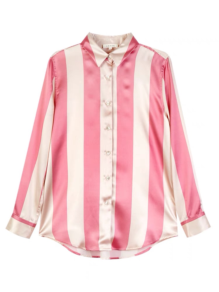 Stripe spring satin tops real silk silk shirt for women