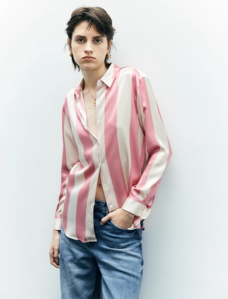 Stripe spring satin tops real silk silk shirt for women