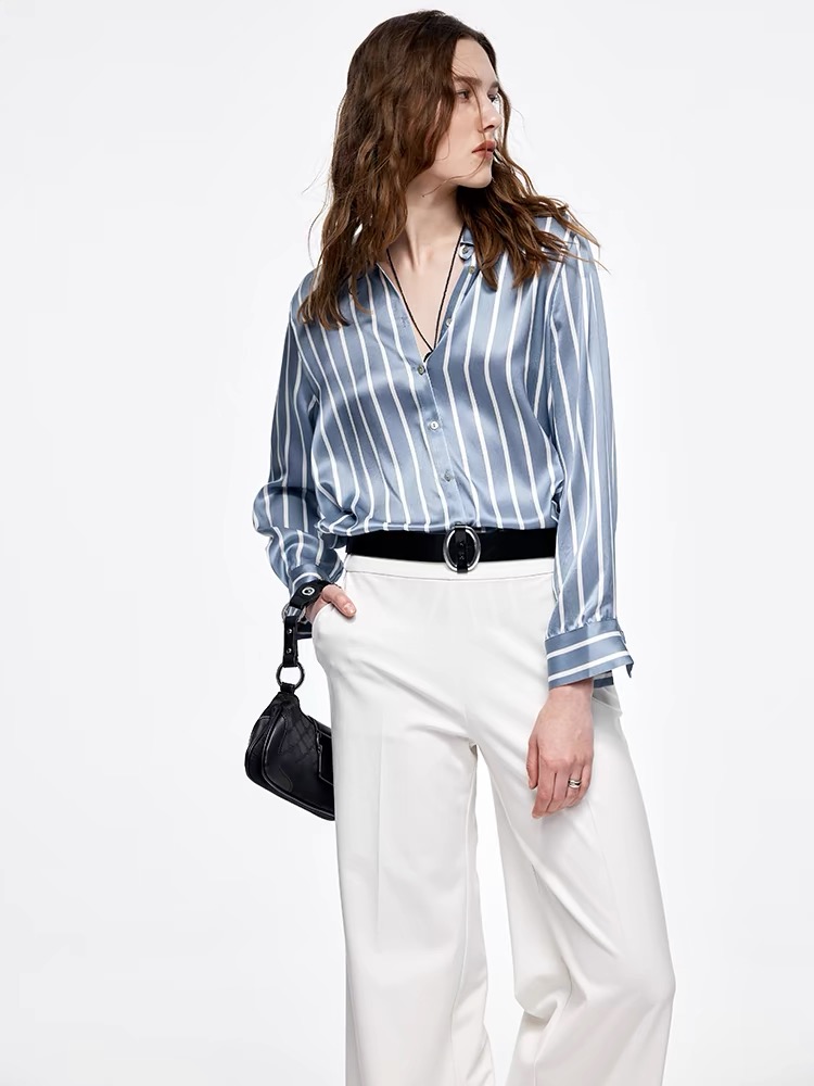 Silk temperament classic shirt lapel stripe tops