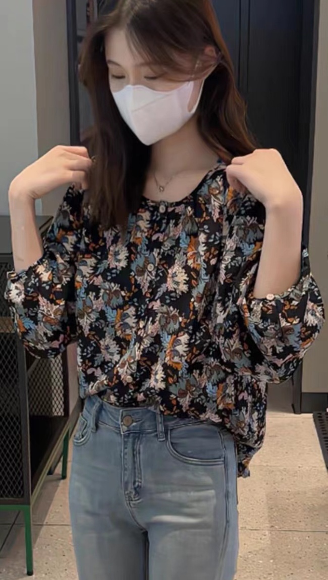 Printing long sleeve large yard Korean style puff sleeve shirt