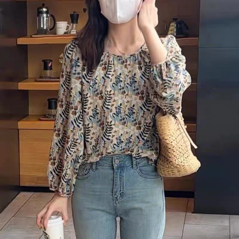 Printing long sleeve large yard Korean style puff sleeve shirt