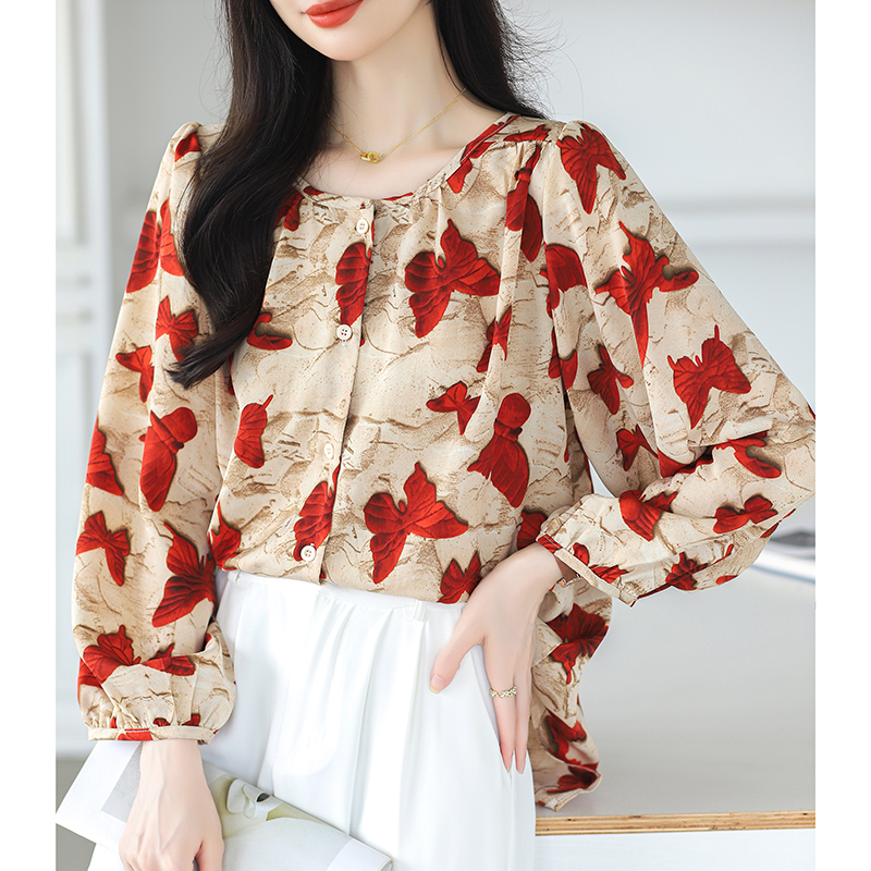 Long sleeve slim tops chiffon show young shirt for women