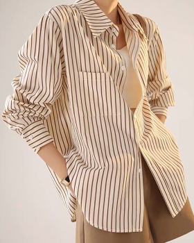 Khaki stripe tops pure cotton all-match shirt for women