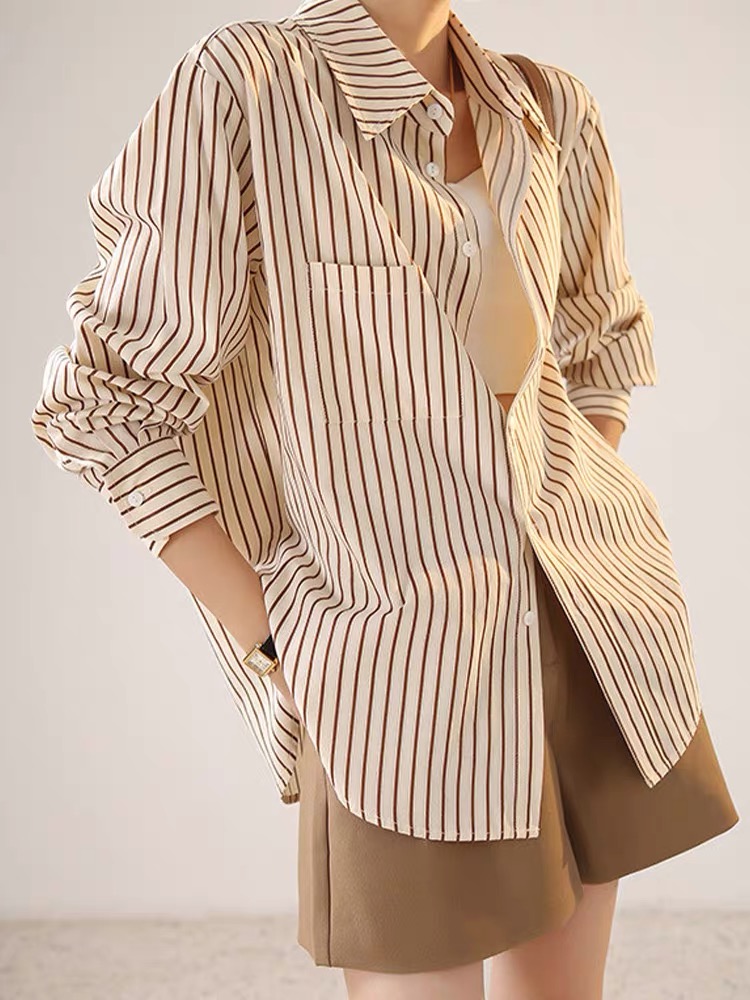 Khaki stripe tops pure cotton all-match shirt for women