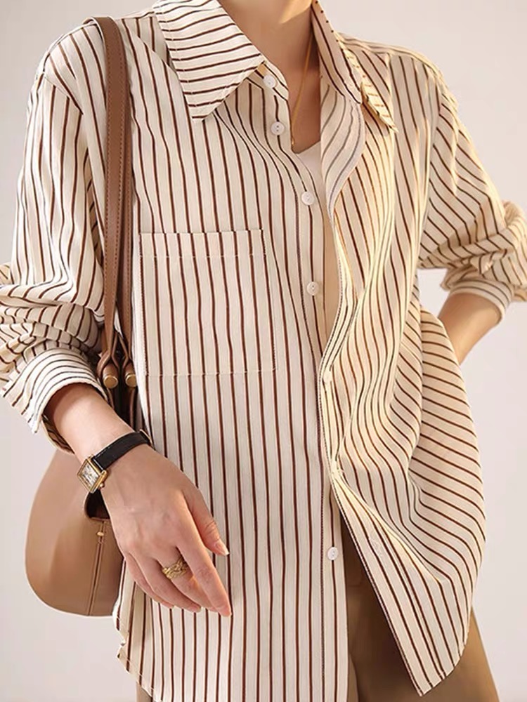 Khaki stripe tops pure cotton all-match shirt for women