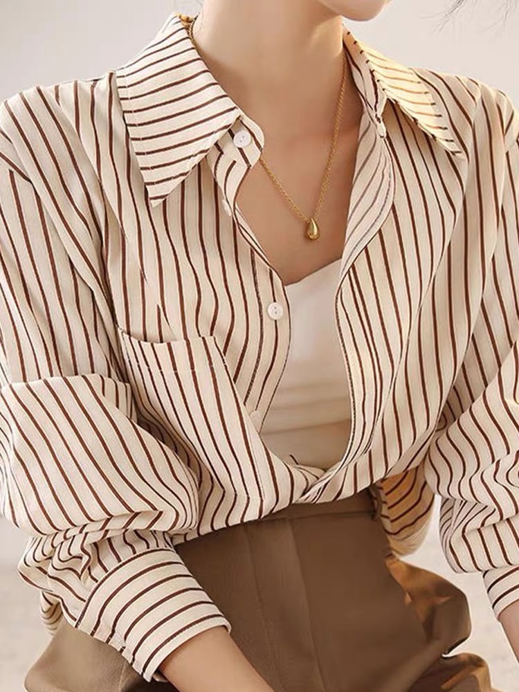 Khaki stripe tops pure cotton all-match shirt for women