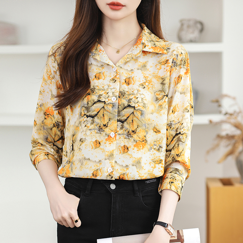 Long sleeve niche shirt printing chiffon tops for women