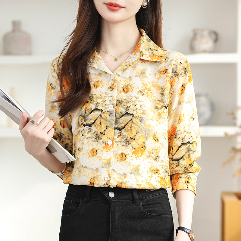 Long sleeve niche shirt printing chiffon tops for women