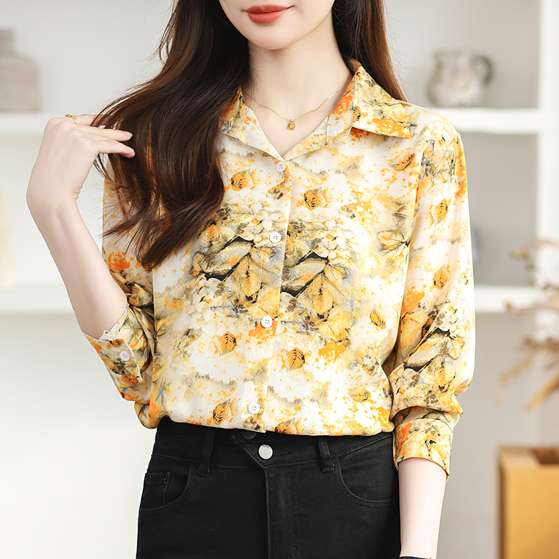 Long sleeve niche shirt printing chiffon tops for women