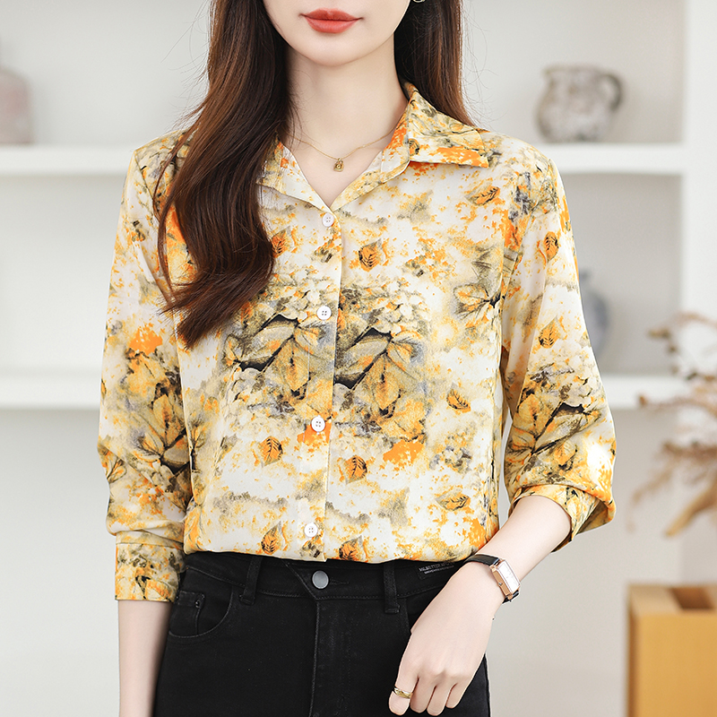 Long sleeve niche shirt printing chiffon tops for women