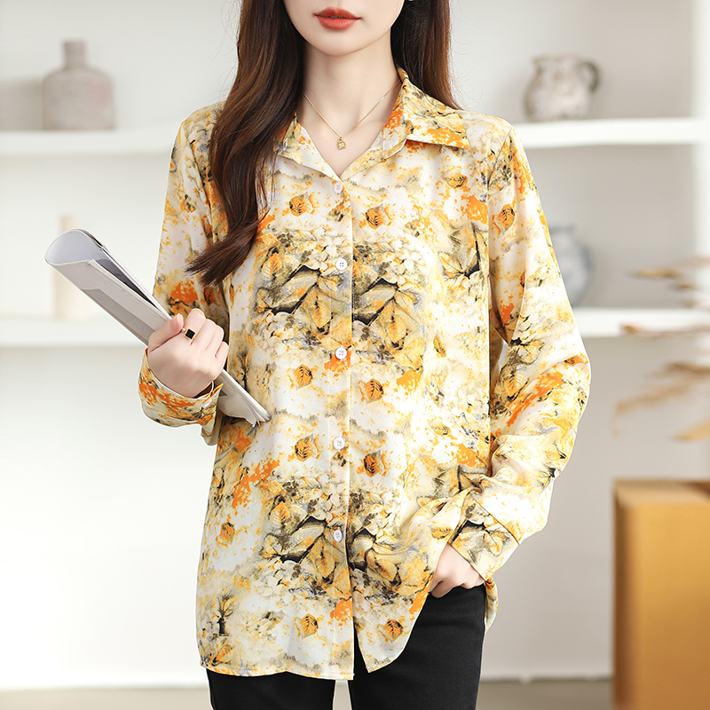 Long sleeve niche shirt printing chiffon tops for women