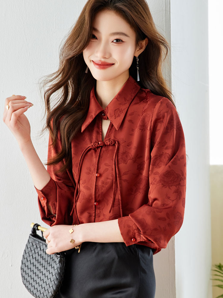 Temperament satin tops spring long sleeve shirt for women