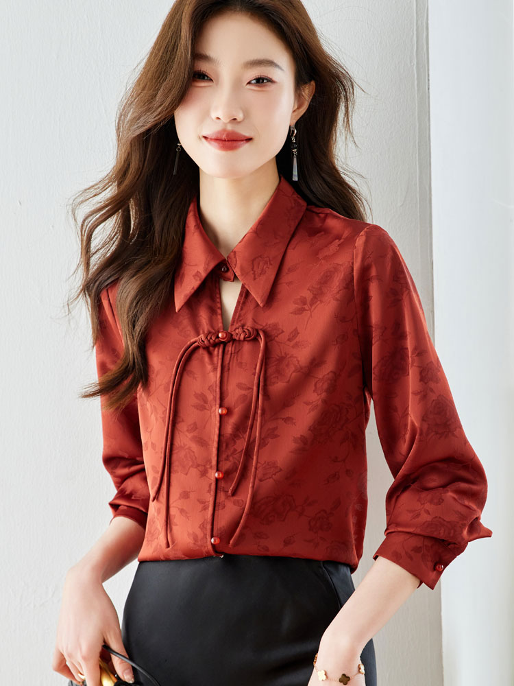 Temperament satin tops spring long sleeve shirt for women