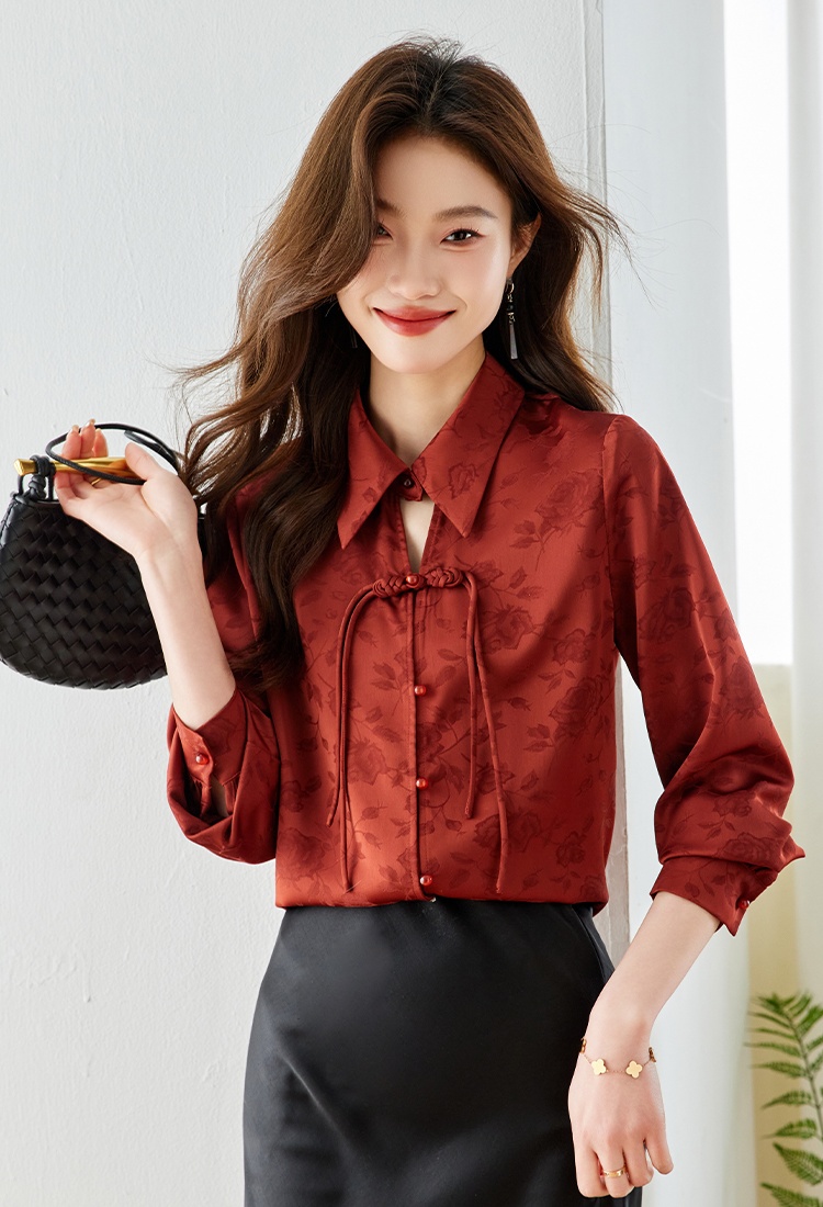 Temperament satin tops spring long sleeve shirt for women